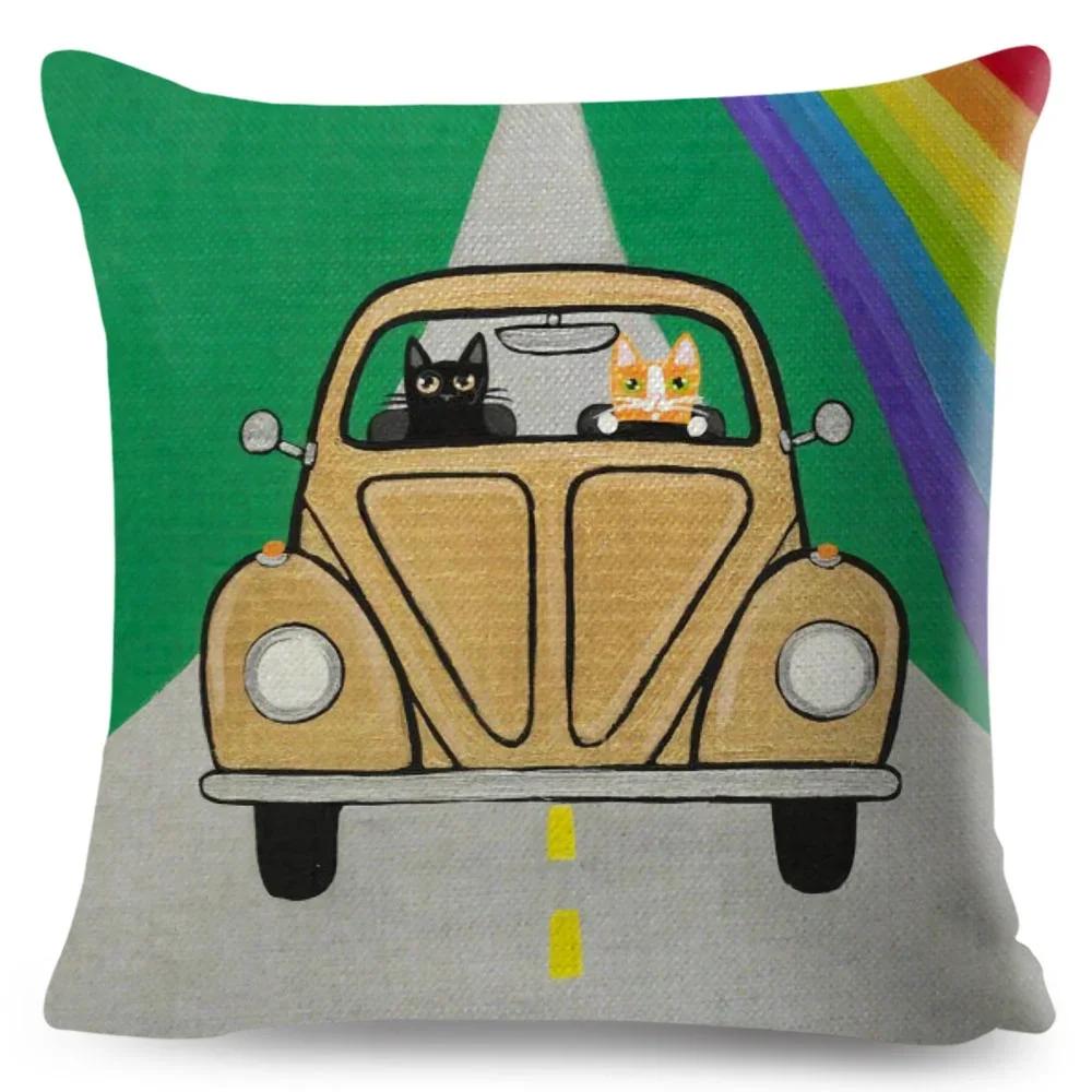 Cartoon Driving Car Cat Cushion Cover Decor Cute Pet Animal Pillowcase Polyester Pillow Case for Sofa Home Children Room