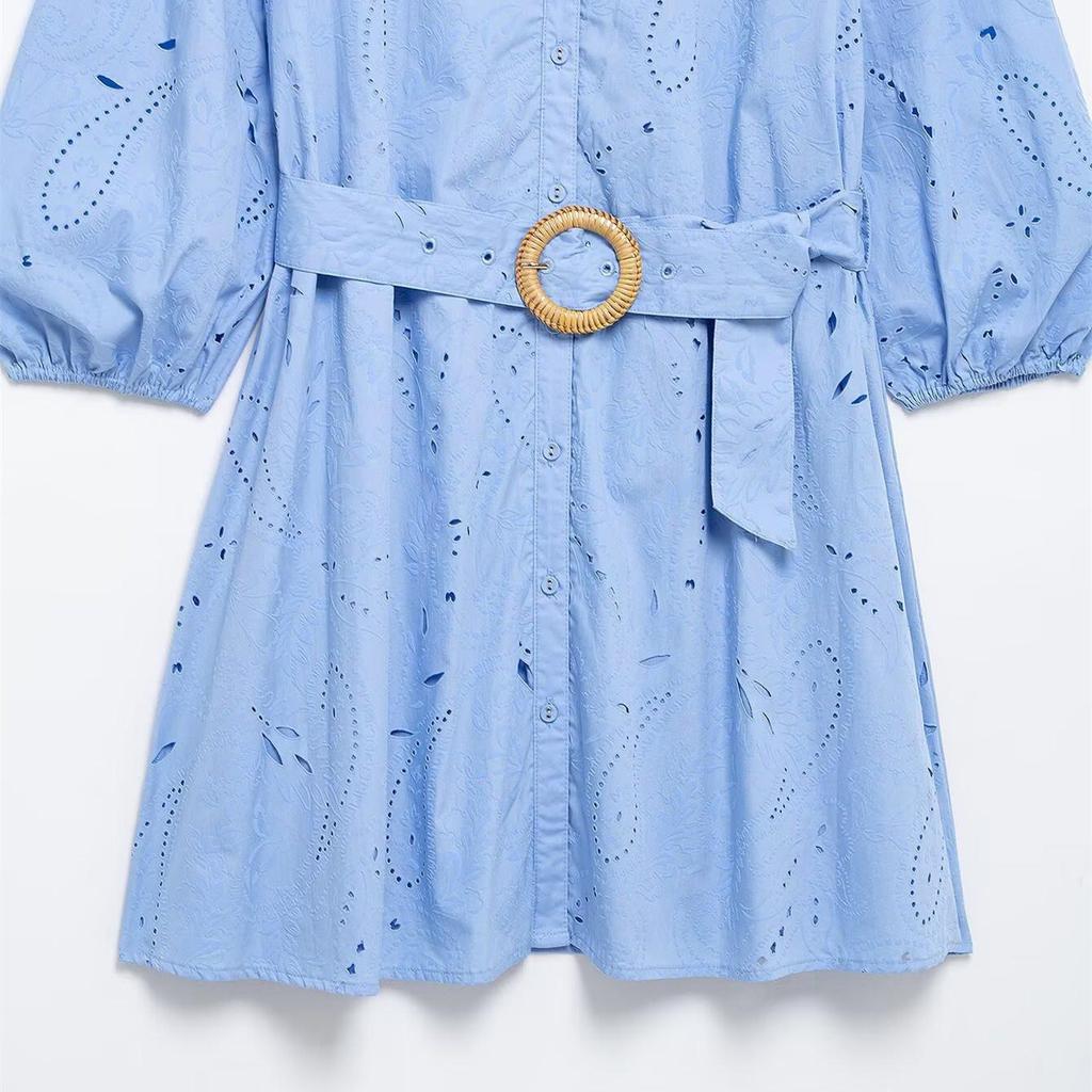 2025 Spring Women's V-Neck Single-Breasted Slim Fit Puff Sleeve Short Dress