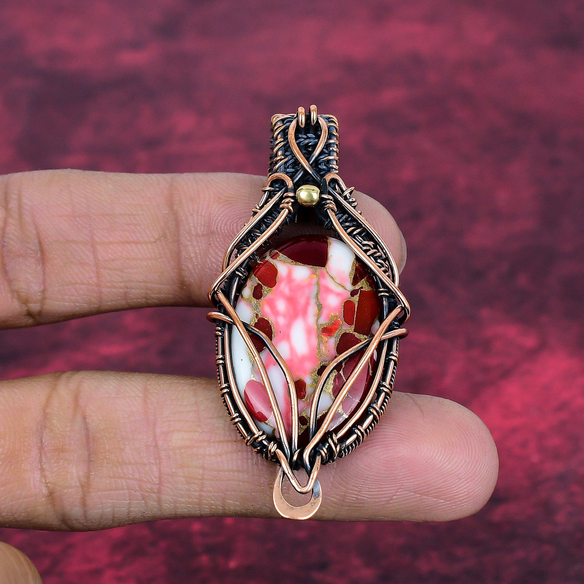 Пендент с красной бирюзой Мохаве из Кингмана, оплетенный медной проволокой, ручная работа