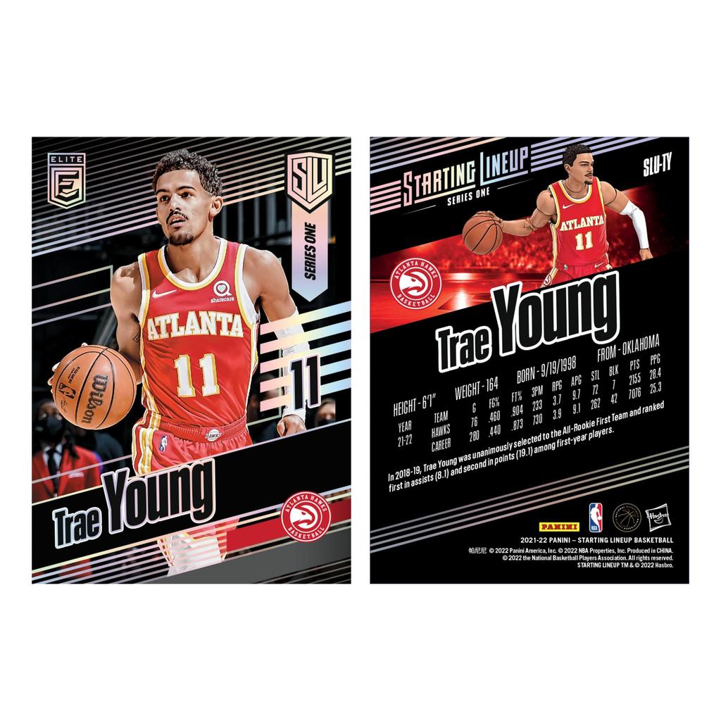 Hasbro Starting Lineup NBA Series 1 Trae Young Action Figure with Exclusive Panini Sports Trading Basketball Authentic 6-inch (15cm) Card, F8186,