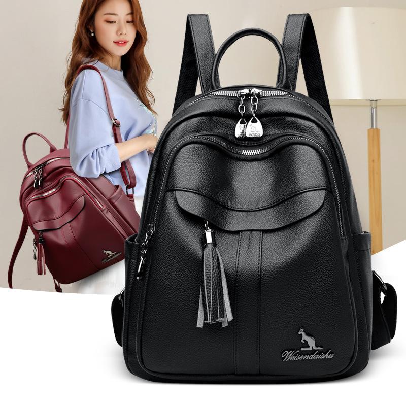 Women's Tassel Backpack Large Capacity Travel Bag Soft Leather Commuter Backpack