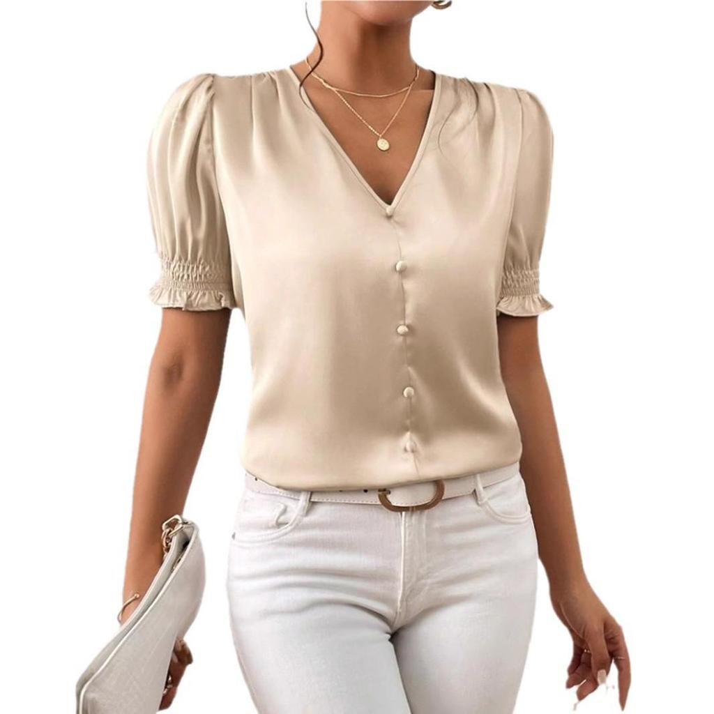 New Satin V-neck Button-up Ruffle Blouse - Spring/Summer Casual Short Sleeve French Style