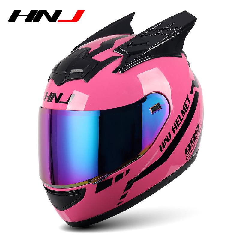 HNJ Unisex Full-Face Summer Motorcycle Helmet with Gray Riding Horns - Stylish and Safe for Racing