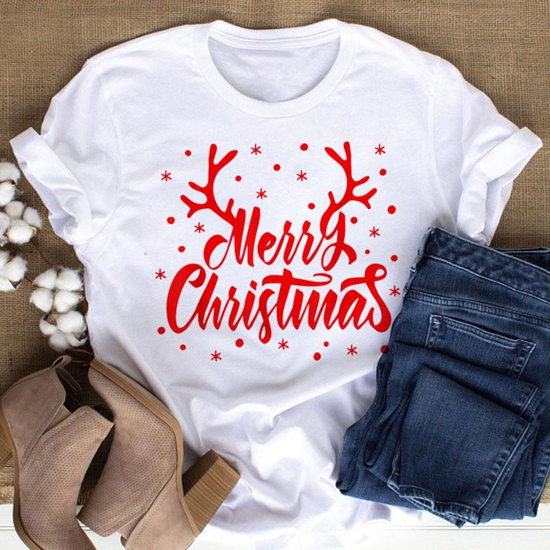 

Hotselling European and American Womens Christmas Happy Tshirt Simple Roundneck Shortsleeved Womens Top Graphic T Shirts S