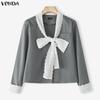 VONDA Women Casual Low Cut Neck Lace Bow Knot Long Sleeve Elegant Office Blouse