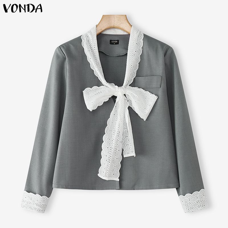 VONDA Women Casual Low Cut Neck Lace Bow Knot Long Sleeve Elegant Office Blouse