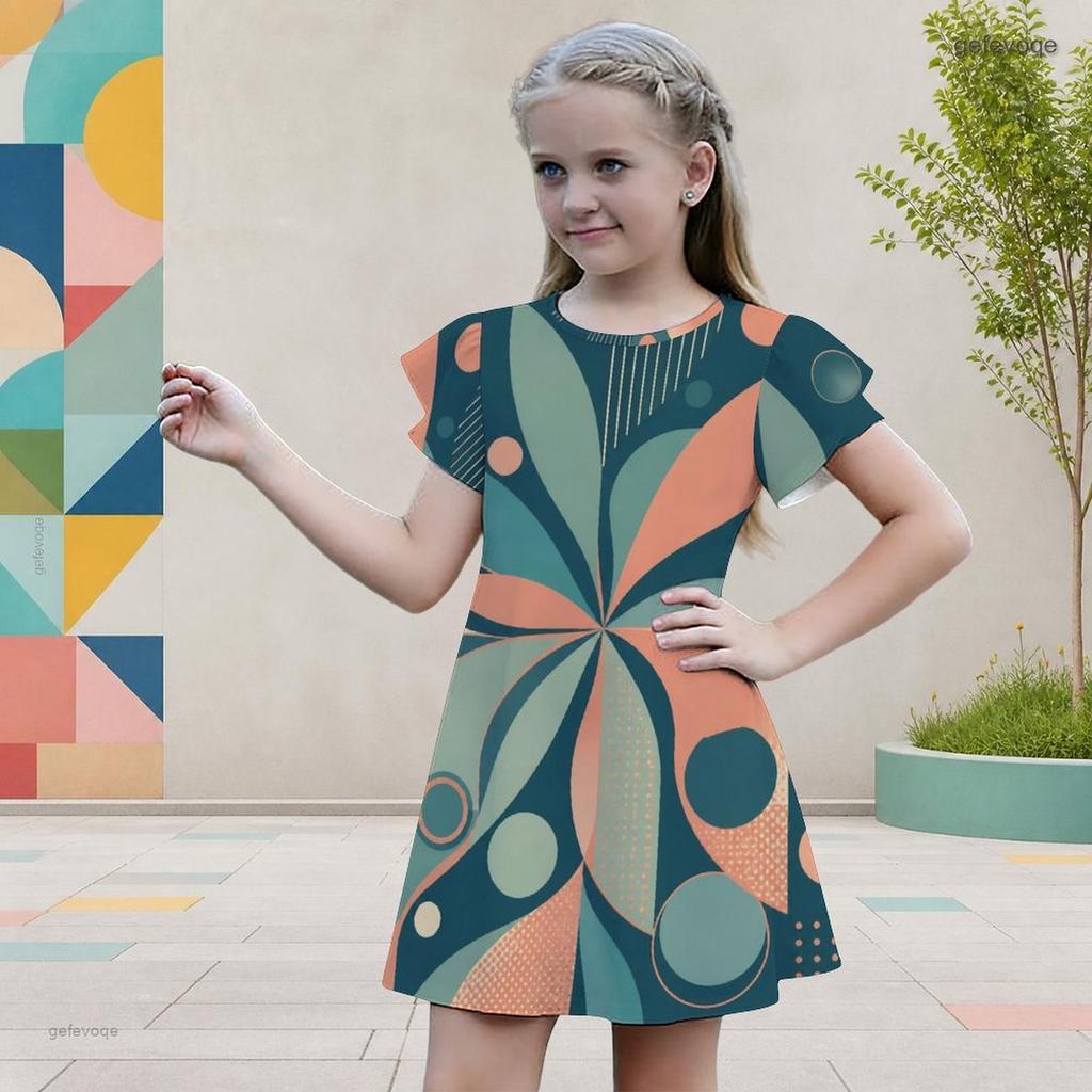 Little Girls Round Neck Flutter Sleeve Leaf Printed A Line Flared Dress