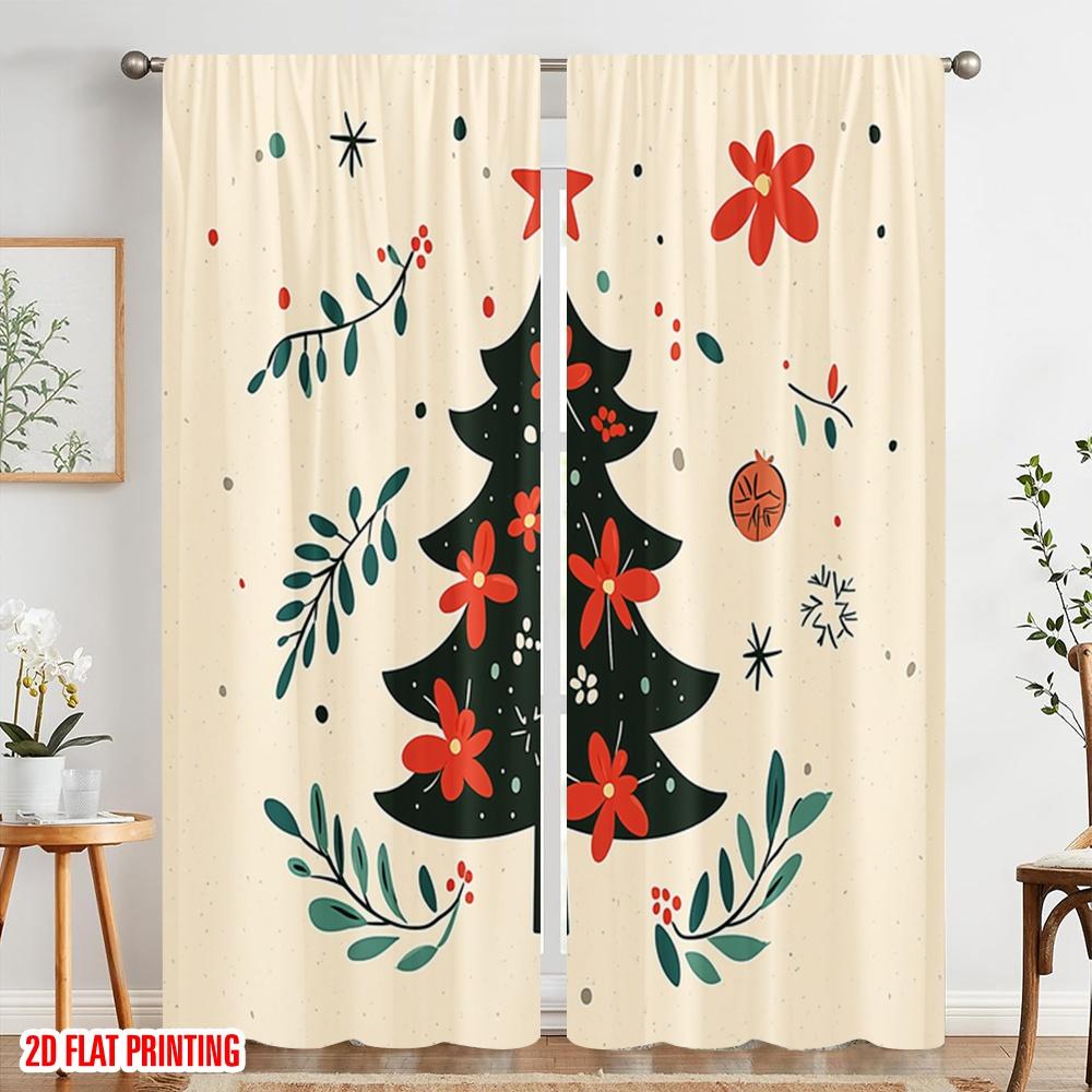 2pcs,2D Plane Printing Popular Curtains Christmas Tree Stars Festive Holidays (2) Polyester Fabric (without Rod) Festive Perfect