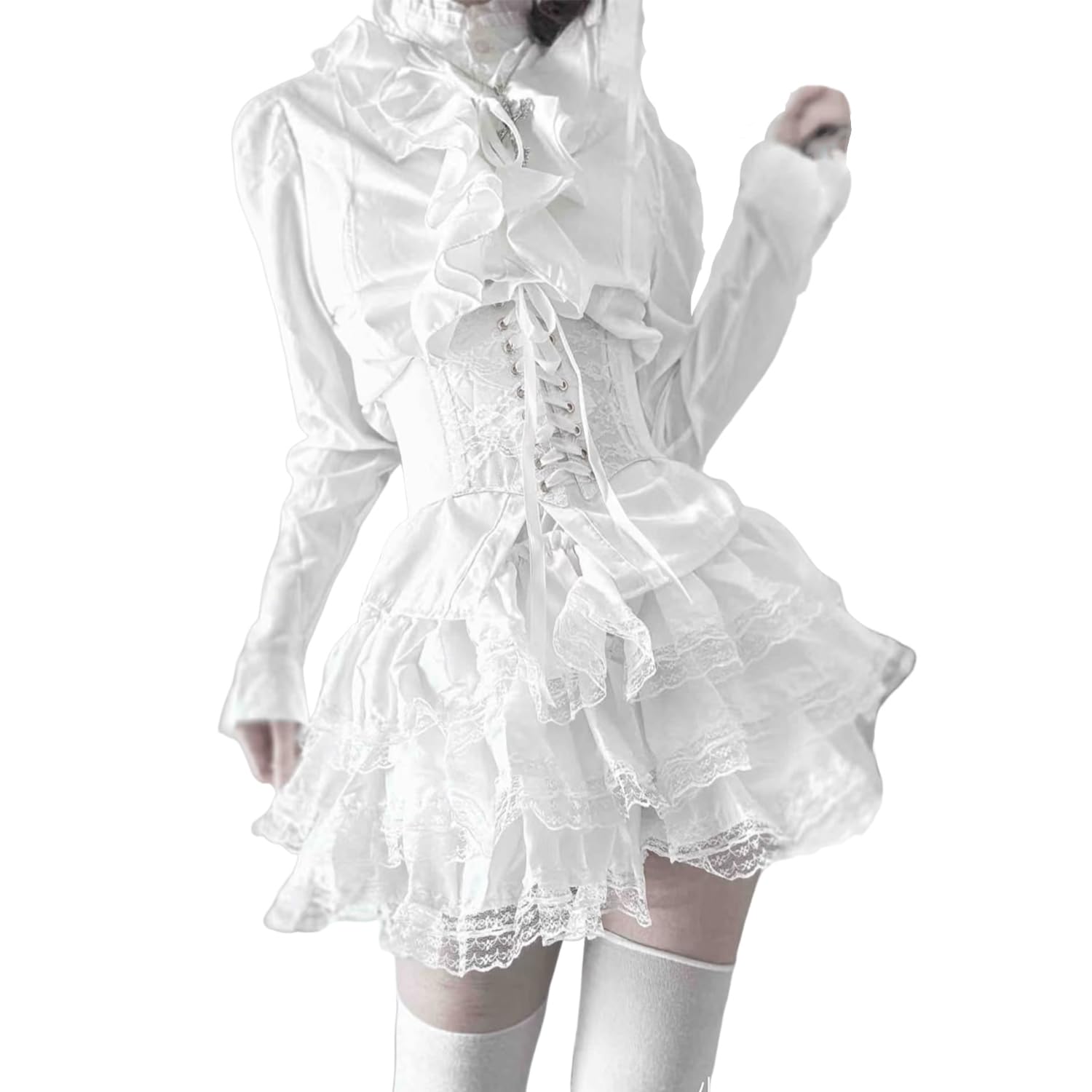 

AOTYP Хэллоуин Косплей Мини Длинный Рукав и Корсет Сценический Комплект из 3 предметов Юбка, Рубашка, Пояс XL. Черный, Харадзюку, Субкультура, Y2K, Костюм, Вечеринка, Событие, белый