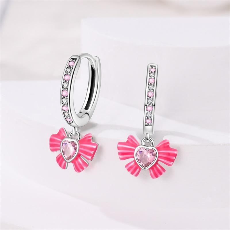New Earring For Women 925 Silver Sparkling Cordate Zircon Pink Bow Princess Double Hoop Earrings Luxury Festival Party Jewelry