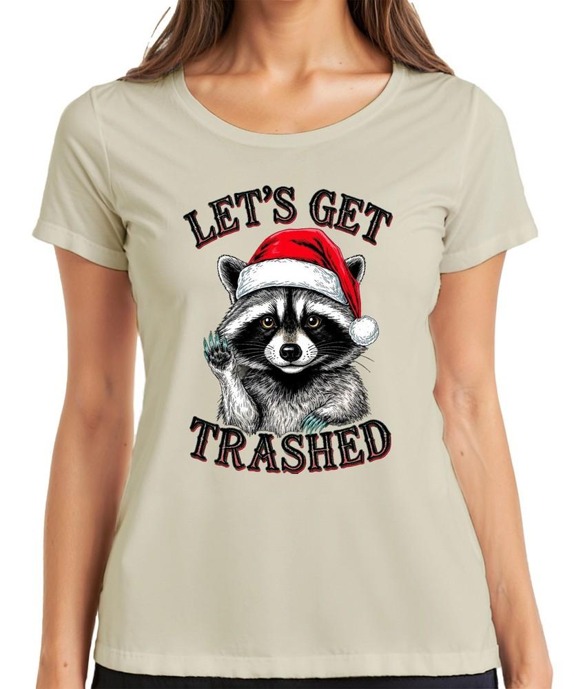 Lets Get Trashed Christmas Raccoon Santa Hat Party Funny Ladies Tshirt