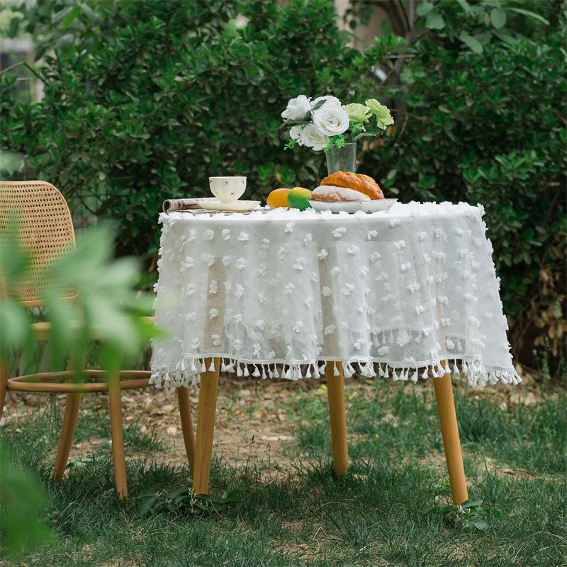 

Круглая скатерть Французская уличная свадебная Белый пушистый шар Сетка с кисточками Скатерть для стола Вечеринка День святого Валентина Скатерть Декор 120cm Round белый