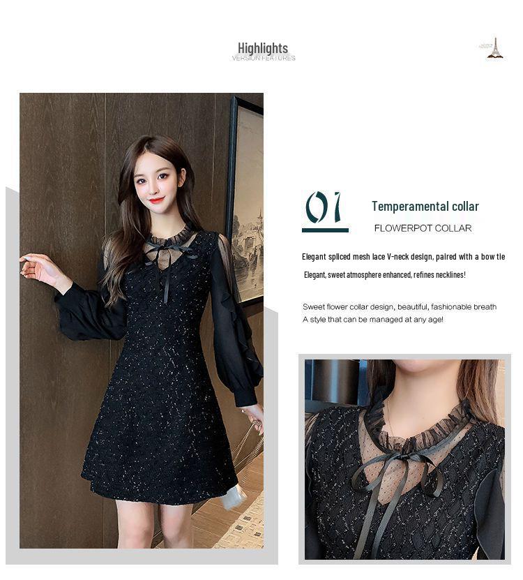 2026 Spring Women's Elegant A-line Polka Dot Long-Sleeved Dress with Mesh Patchwork and Lace-up Details