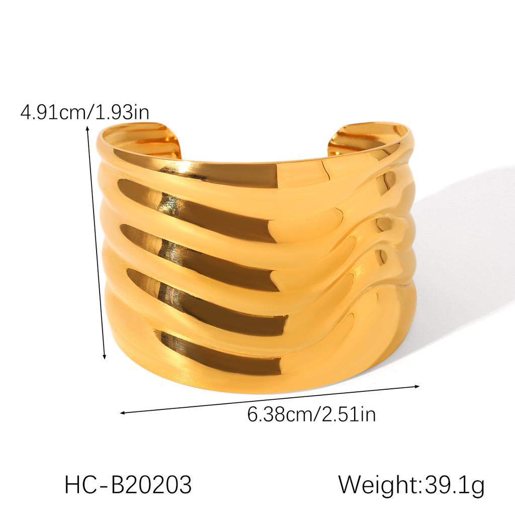 INS Western Style Exaggerated Hand Jewelry 18K Gold Plated Hammered Pattern Stainless Steel Open Bangle
