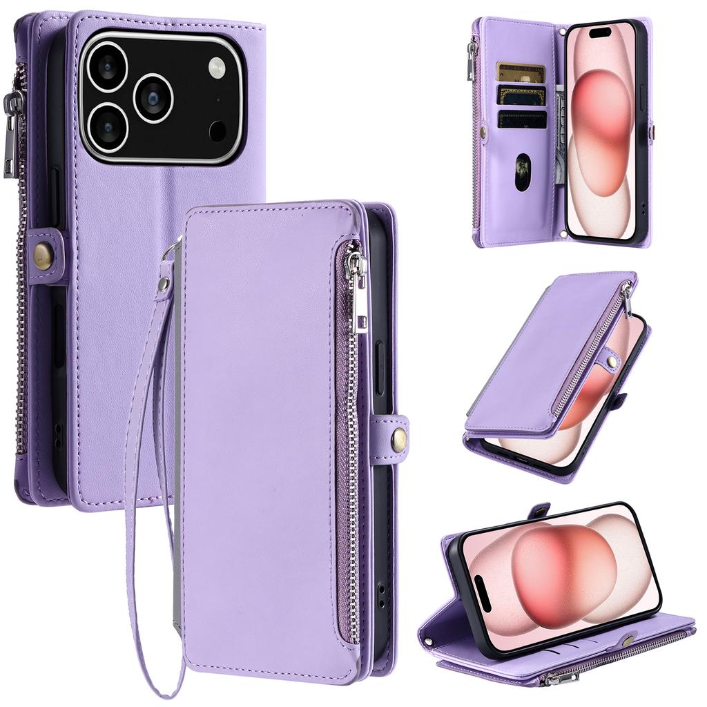 For iPhone 17 Pro Case TPU+PU Leather Wallet Phone Cover with Wrist Strap