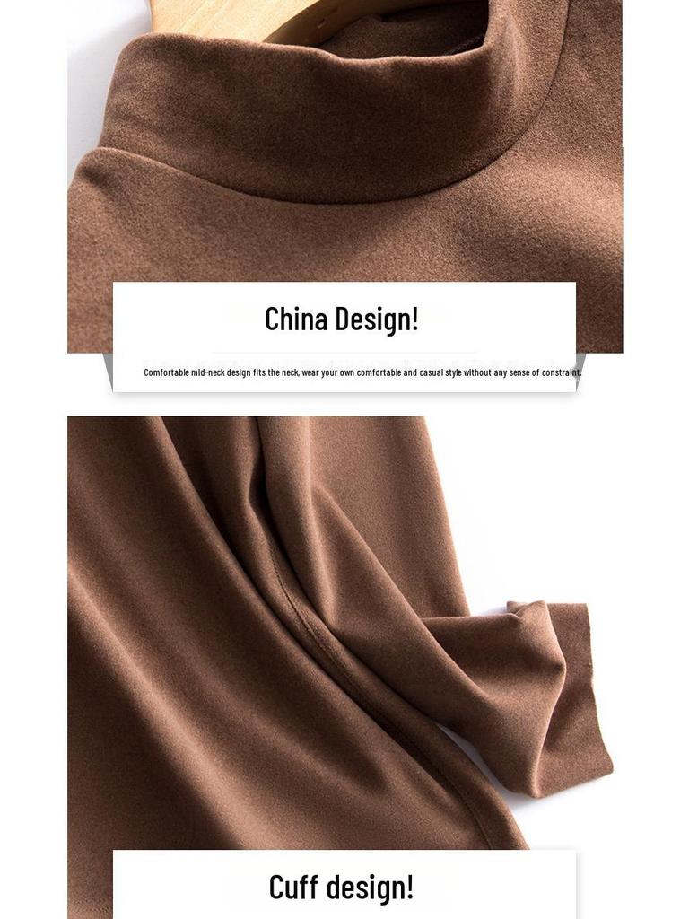 Men's Velvet Base Layer Semi-High Neck Fleece Long Sleeve Warm Top