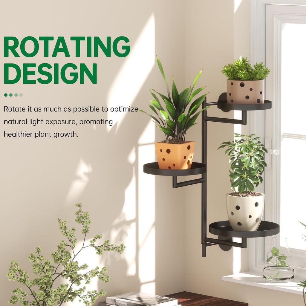 Window Rotating Plant Stand Shelf Indoor Black Floating Shelves 3 Tier Wall Mount Plant Holders for Living Room Home Decor