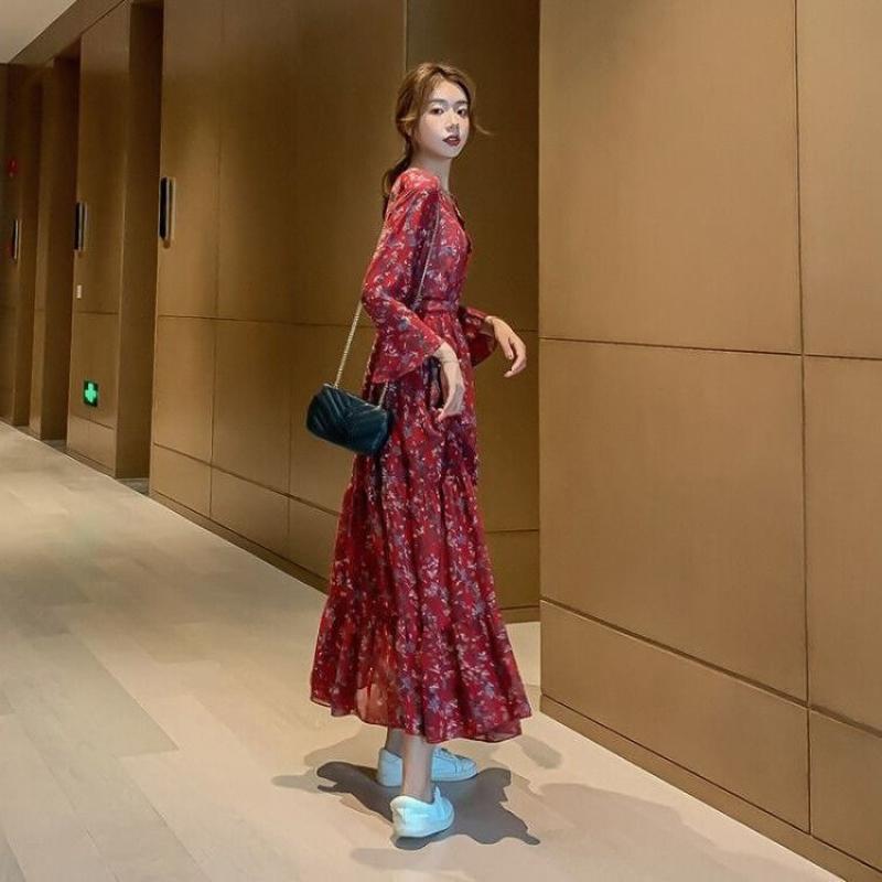 WTEMPO Brand Fragmented Chiffon Long Sleeve Dress Loose Retro Versatile Large Hemline Skirt Slim Tall Super Long Knee Skirts