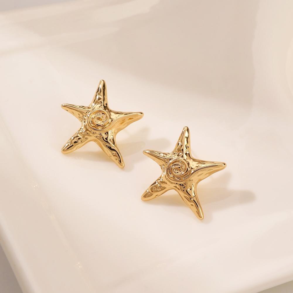 Summer Beach 14k Gold Plated  Vintage Threaded Starfish Necklace Earrings Open Ring Set Women Charm Jewelry Gift