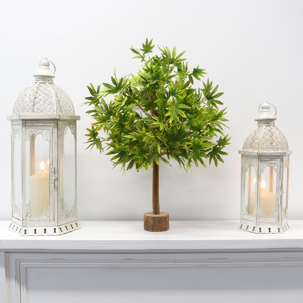 Set of 2 Decorative Candle Lanterns 22"&17"Outdoor vintage Metal Candle Holder Home Decor(White with Gold Brush))