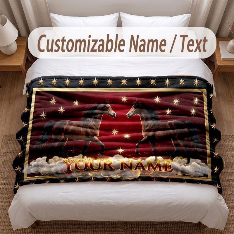 Horse Theme Soft Blanket Personalized Custom Name Text Print Warm Blanket Home Sofa Bedroom Decor