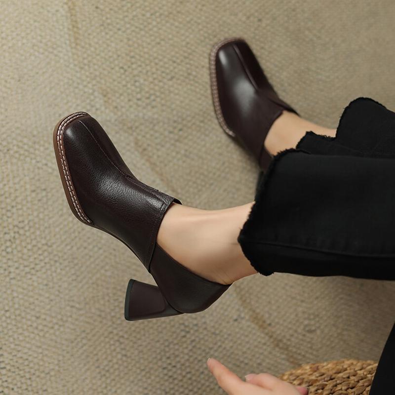 Fashion NEW Spring/Autumn Women Pumps Square Toe Chunky Heel Shoes Split Leather Shoes for Women Concise Slip-on High Heel Handmade Shoe