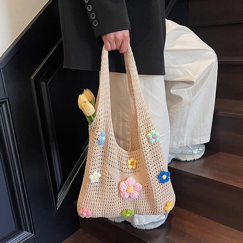 Crochet Mesh Beach Toted Bag,Bohemian Vacation Handbags Aesthetic Knit Shoulder Bag for Women Travel Bag KTB