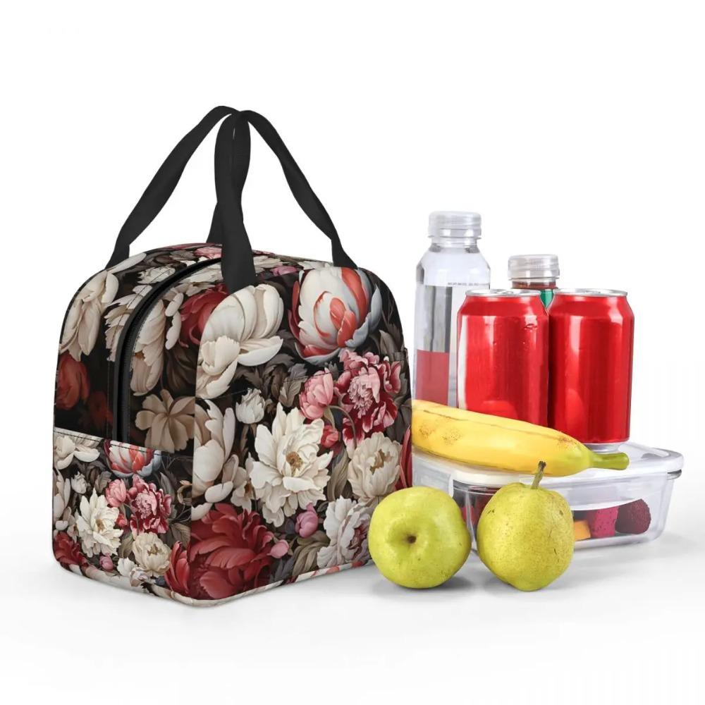 Elegant Red And White Peony Floral Nightgarden Insulated Lunch Bag for Women Kids Portable Food Boxes Thermal Lunch Box Tote