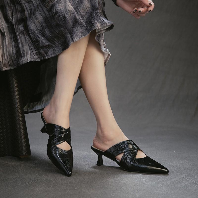 Johnature Temperament Spitse Neus Dunne Hak Slippers Echt Leer Modieus Veelzijdige Dames Slip-on Schoenen