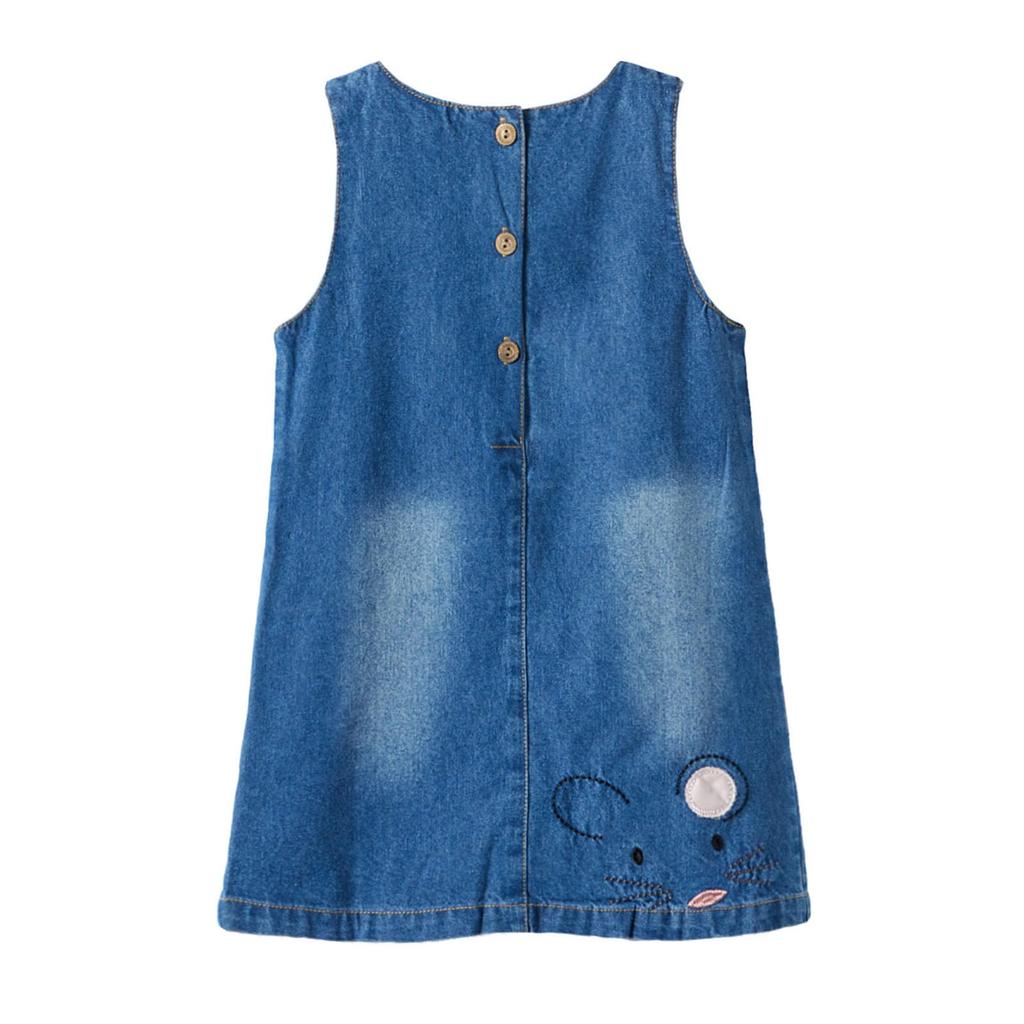 LittleSpring Kids' Denim Jumper Skirt with Floral Embroidery and A-Line Design, Size 100, for Girls