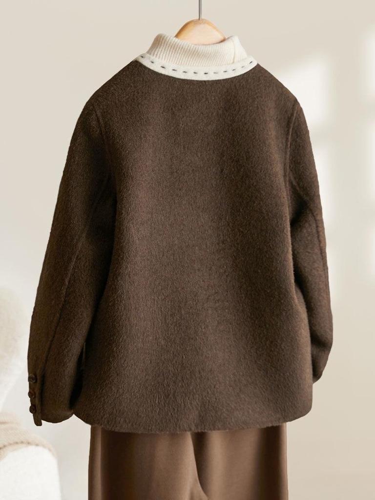 2025 Autumn/Winter Handmade Double-Sided Wool Cropped Coat - Round Neck, Versatile Design
