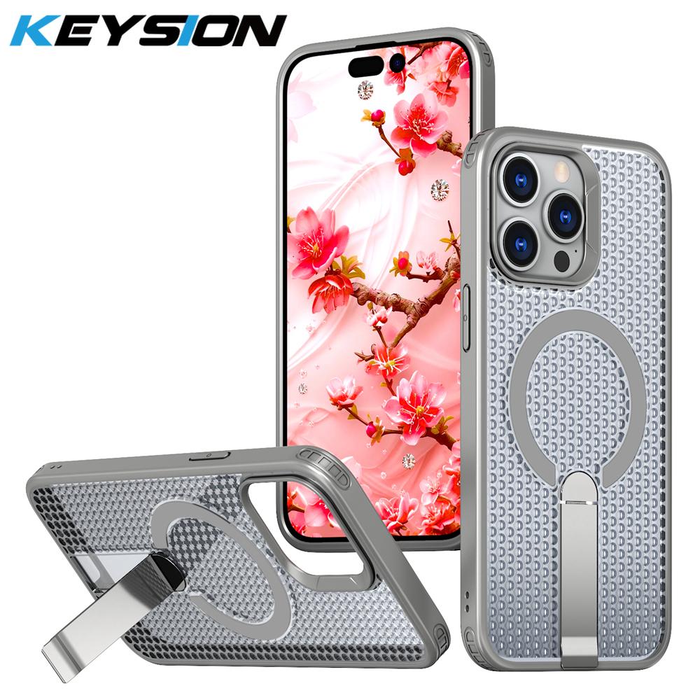 

KEYSION Hollow Heat Dissipation Magnetic Case for MagSafe for iPhone 13 14 15 Pro Max 15 Plus Hide Stand Shockproof Cooling Phone Cover for iPhone 13 Pro Max сірий