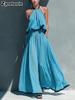 New Fashion Solid Casual Shoulder Strap Top with High Waist A-Line Maxi Skirt Set Outfit
