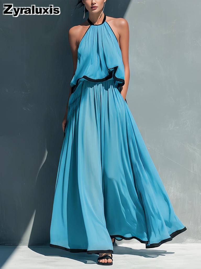 New Fashion Solid Casual Shoulder Strap Top with High Waist A-Line Maxi Skirt Set Outfit