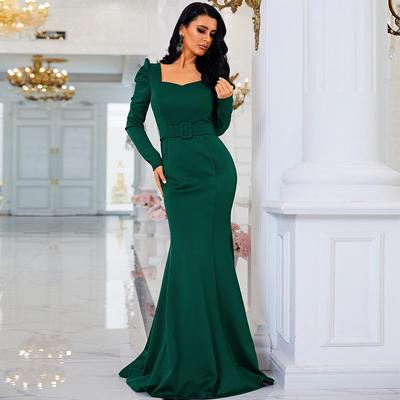 U-Neck Long-Sleeved Slimming Solid Color Evening Bridesmaid Dress for Women