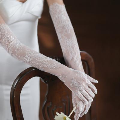 Damen Weiß Spitze Dünn Floral Stickerei Lange Ästhetische Handschuhe Hohe Qualität Atmungsaktiv Weich Etikette Bühnenauftritt