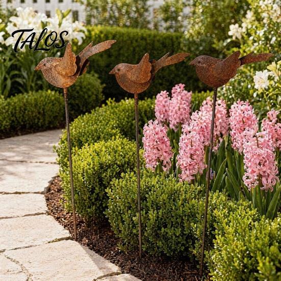 Decorative Ground Stakes 3PCS Rusty Metal Bird Stake, Cute Birds Sculpture, Animals Easy Insert Garden Stake for Outdoor Yard Decor, Gifts Friends and