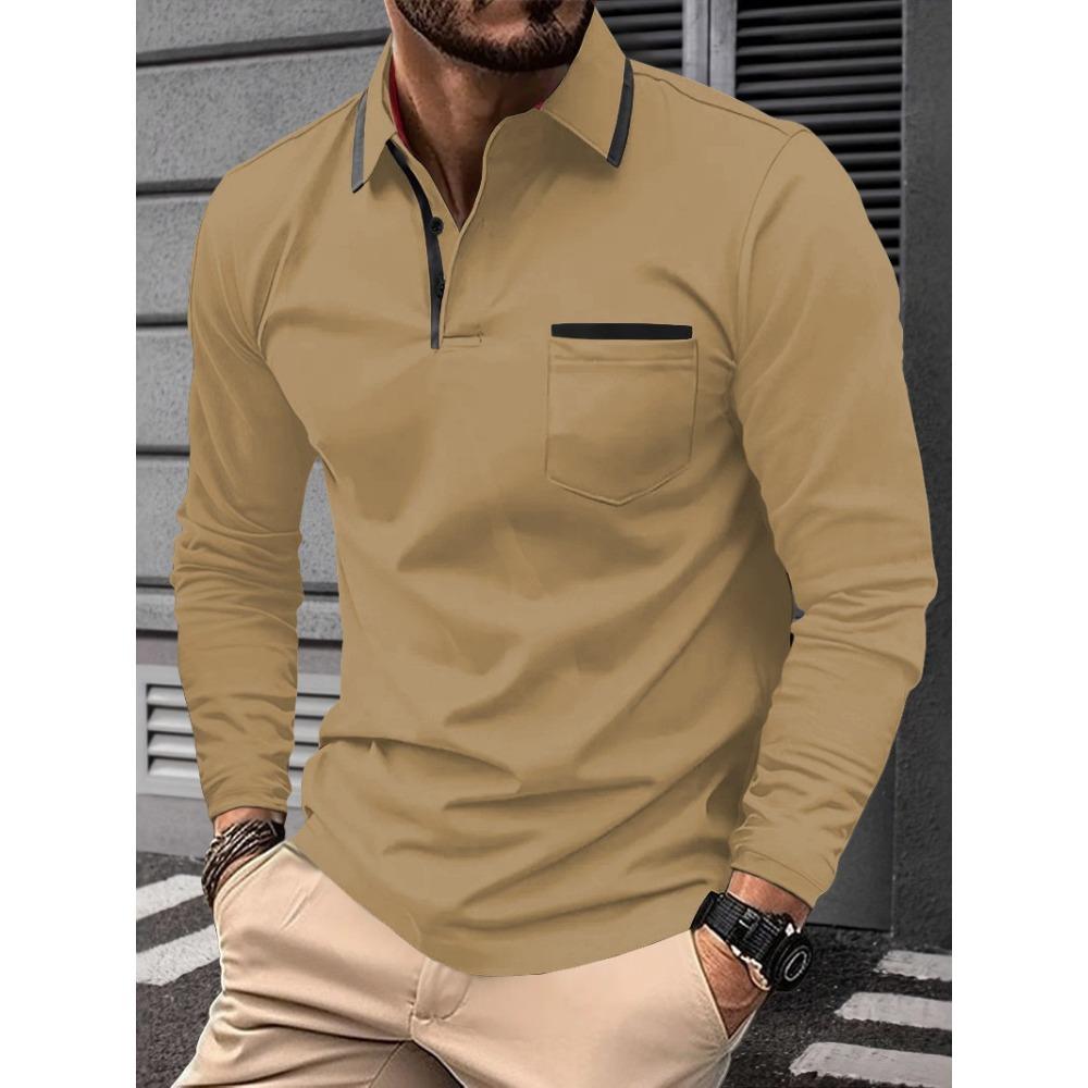 Men's new cross-border fashion lapel collage button men's casual sports long sleeved polo shirt