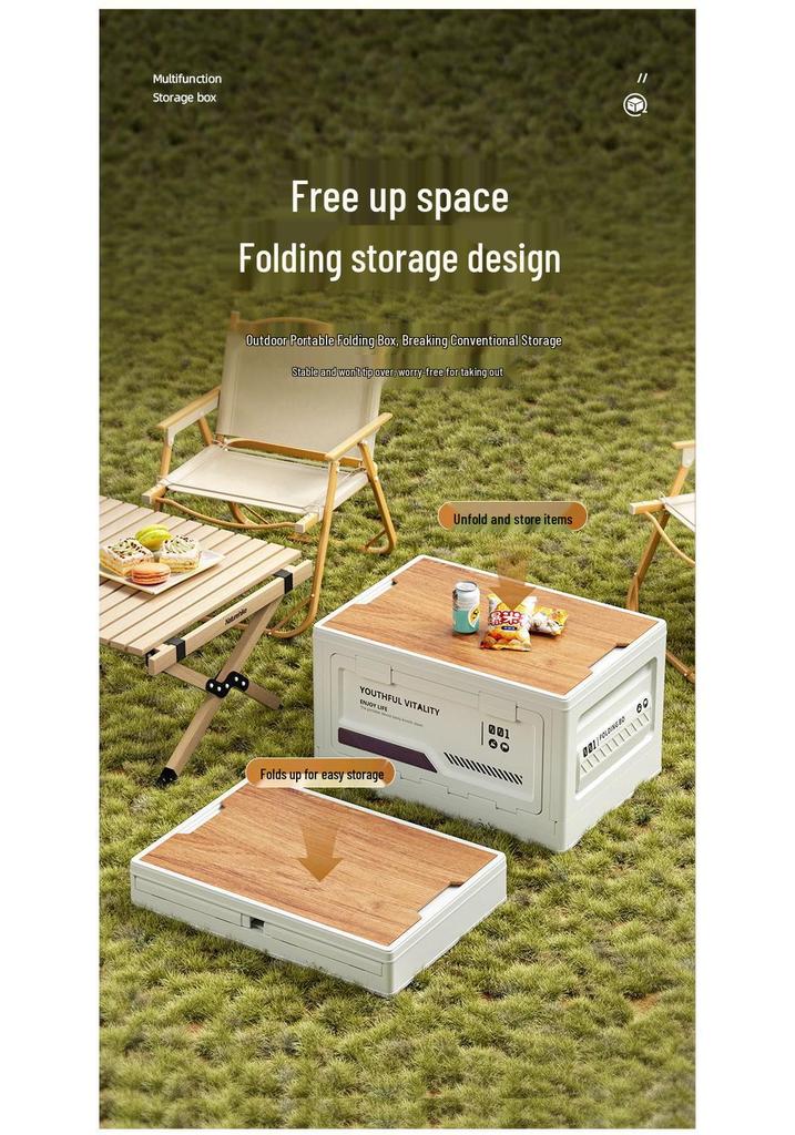 Extra Large Folding Outdoor Camping Storage Box with Wood Lid and Side Opening for Car Trunk