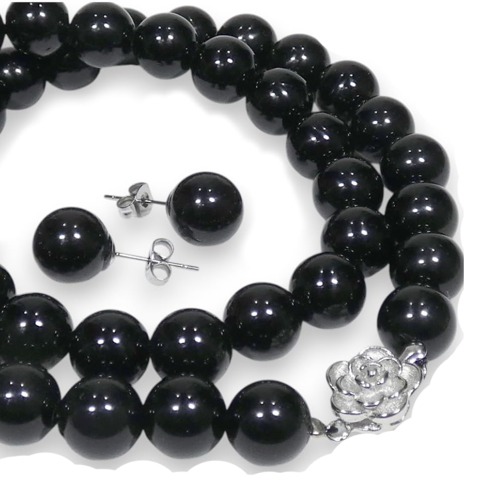 

[B-style] Synthetic Jet Necklace, 10mm Beads, 42cm Length, with Bonus Earrings (Piercings) Set (Piercings)