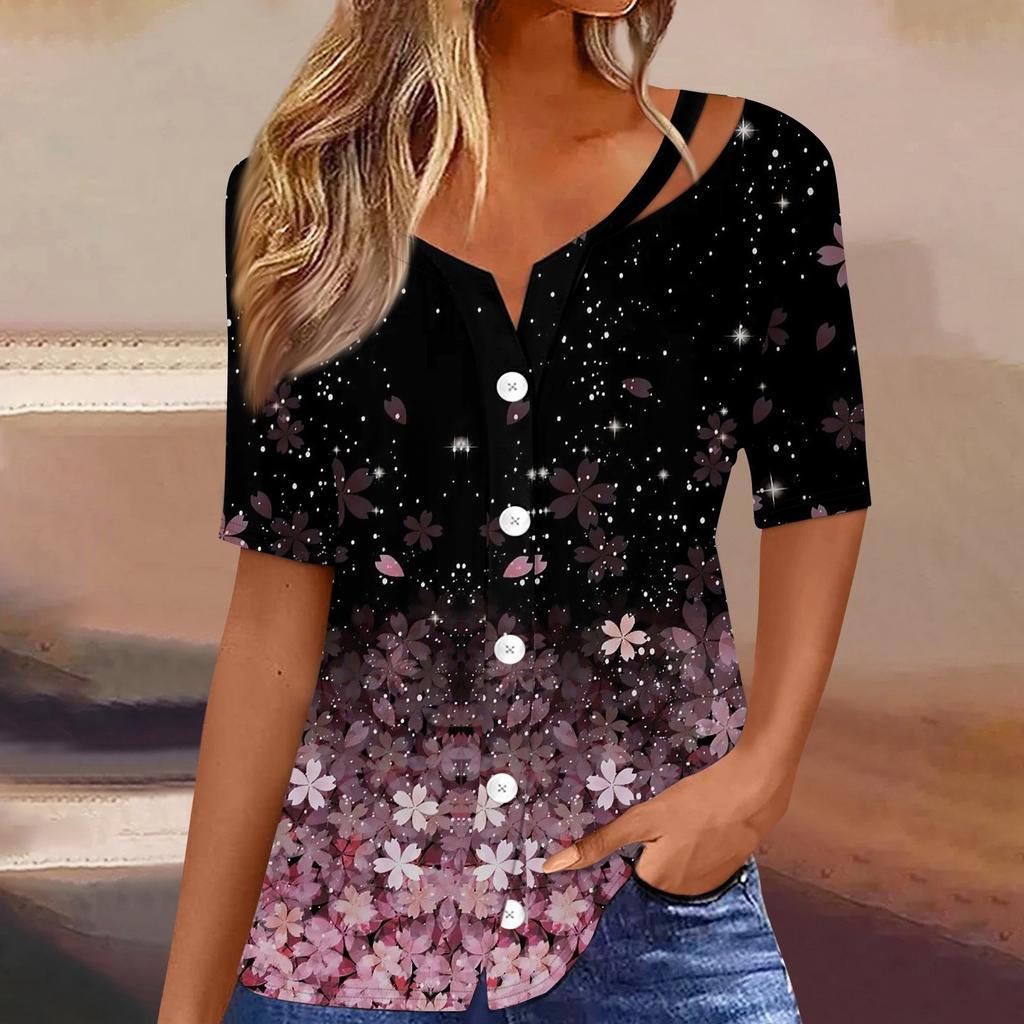 Damen T-Shirt mit Aufdruck, kurzärmelig, V-Ausschnitt, Knopfleiste, Strickjacke, T-Shirt, Top