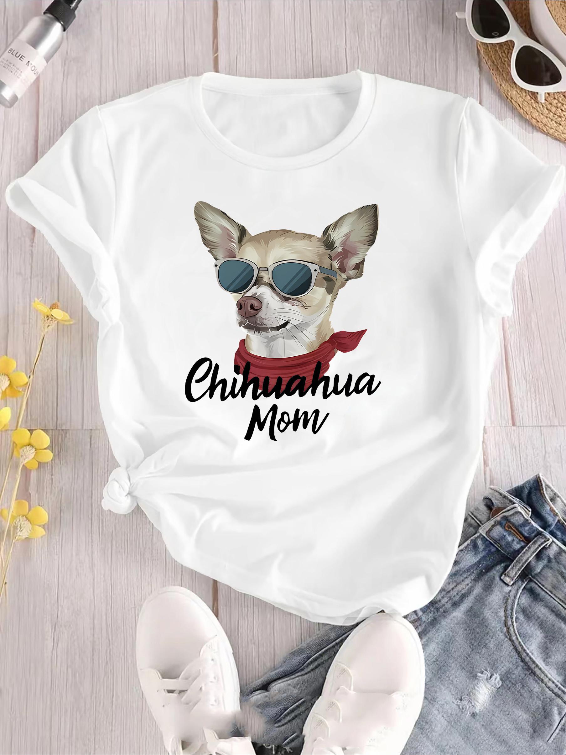 

Womens Cool Chihuahua with Letter Print Funny TShirt Round Neck Summer Casual Top Women Fashion Short Sleeve Clothing S