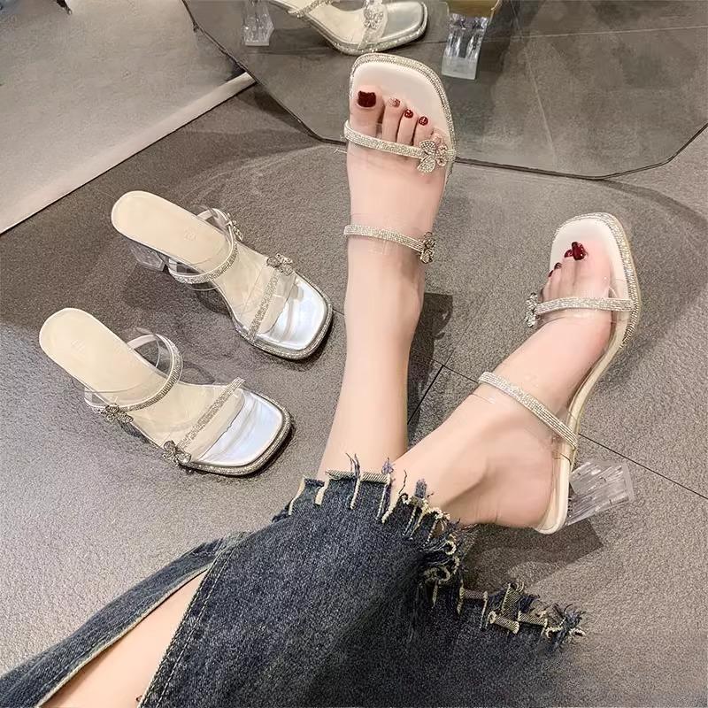 High Heels Slippers Transparent Rhinestones One-shoulder Thick-heeled Shoes Slippers