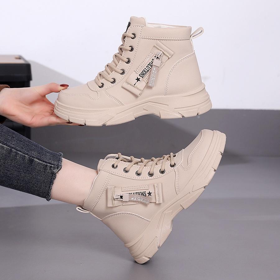 [Tênis Confortáveis] Tênis de Cano Alto Femininos da Moda Leves e Confortáveis | Tecido PU Branco, Sola TPR, Fechamento com Zíper, Perfeitos para Primavera, Outono