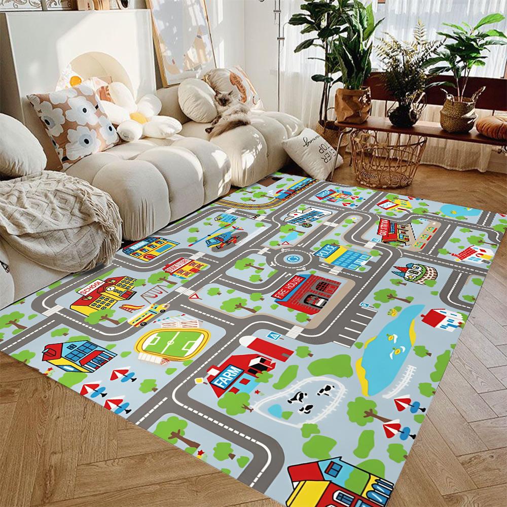 Interactive City Traffic System Kids Rug Educational Road Play Carpet Safe Learning Mat for Childrens Bedroom Living Room