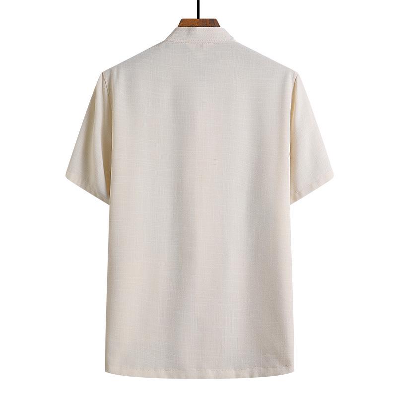 Men’s Summer Cotton Linen Tang Suit Top - Short Sleeve, Frog Button, Loose Fit, Casual Style for Middle-Aged & Elderly