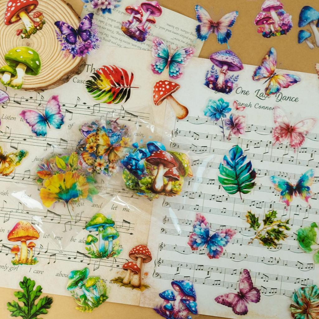 50 PET Stickers Creative Mushroom Leaves Hand Account Transparent Plant Hand Account Sticker Package Material Decoration