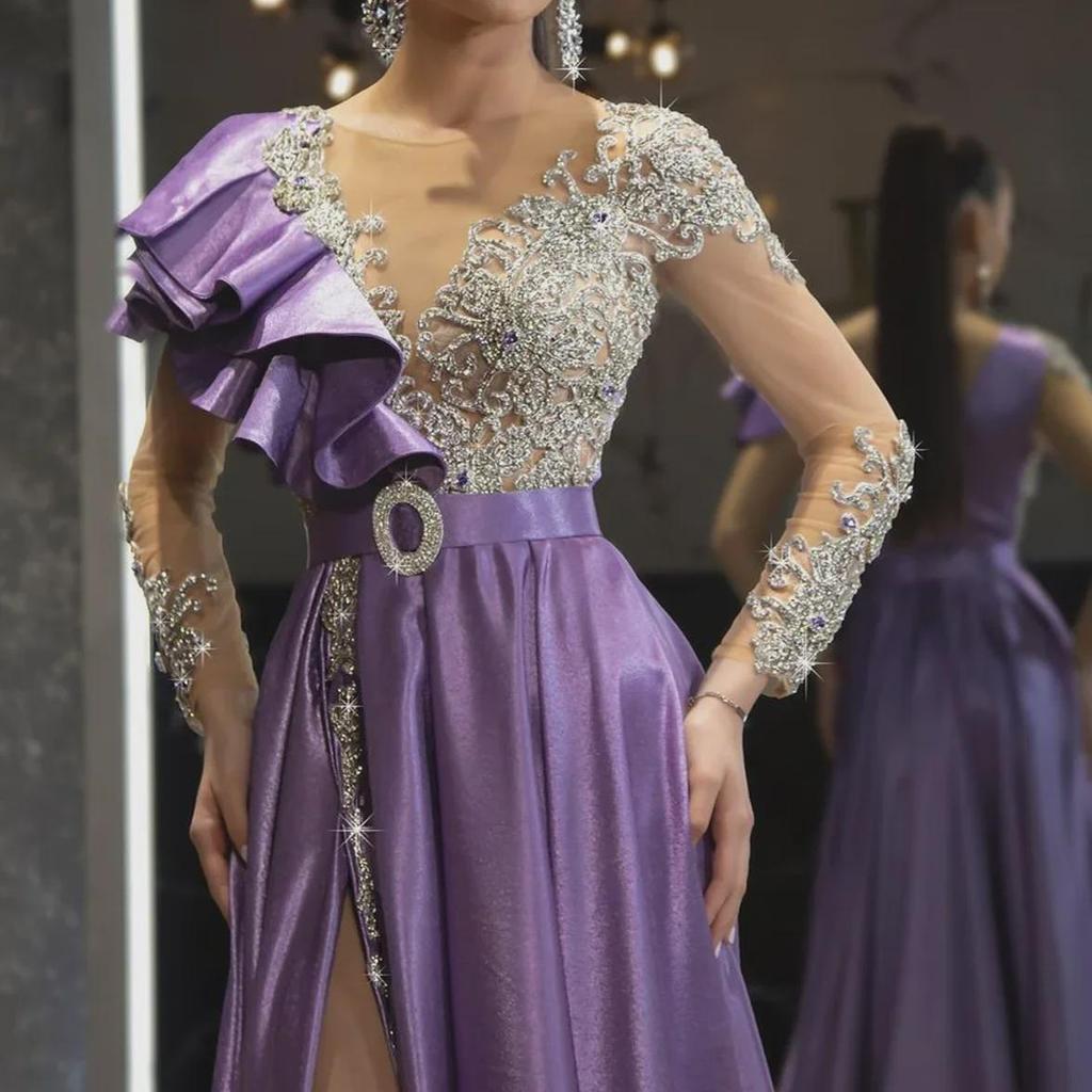 2025 Spring European & American Women's Satin Gold-Purple Sequined Evening Dress