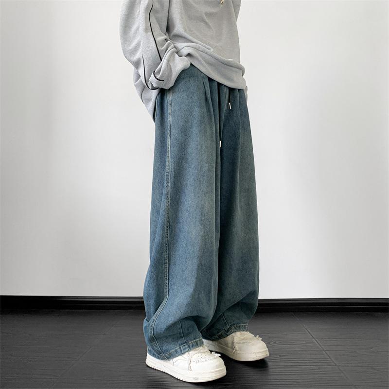 גברים Streetwear Baggy Wide Leg Jeans מכנסיים במצוקה מכנסיים ג'ינס גברים אוברסייז חלול קז'ואל קוריאני היפ הופ