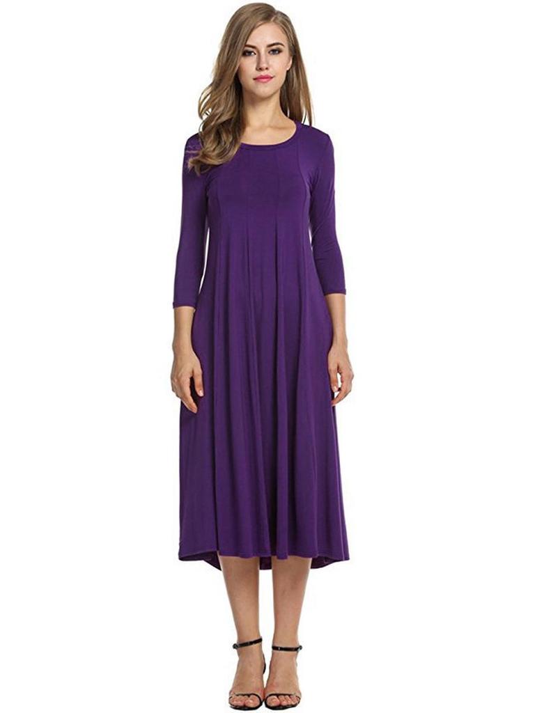 2024 Damen Sommer Mode Rundhals Mittellange Ärmel Einfarbig Großes Schwingkleid